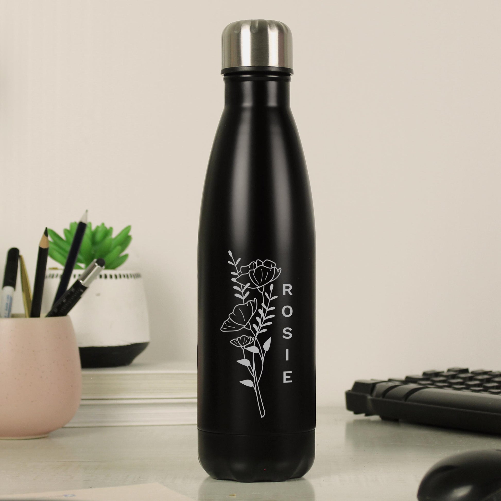 Personalised Floral Black Metal Insulated Drinks Bottle | Birthday Name Bottle | Custom Name - Water Bottle - Inspired Creative Gifts
