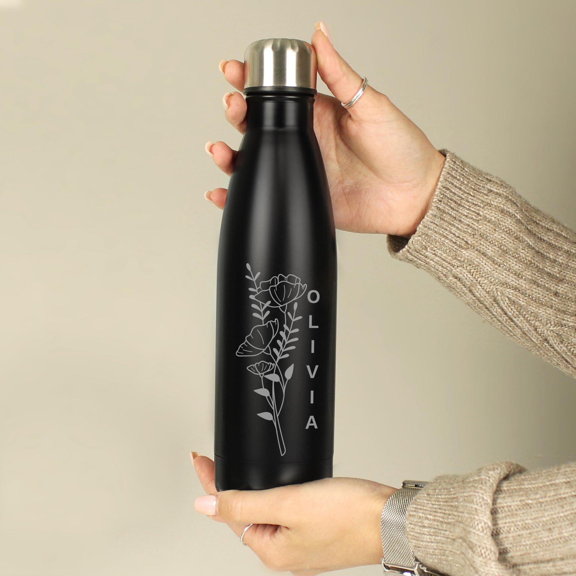 Personalised Floral Black Metal Insulated Drinks Bottle | Birthday Name Bottle | Custom Name - Water Bottle - Inspired Creative Gifts