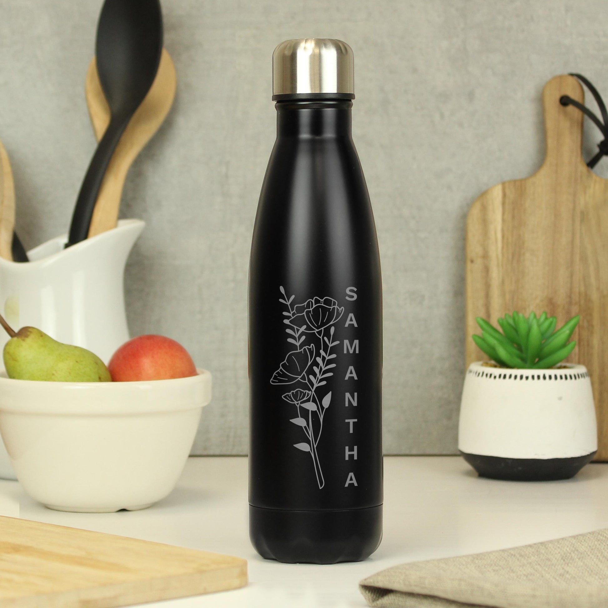 Personalised Floral Black Metal Insulated Drinks Bottle | Birthday Name Bottle | Custom Name - Water Bottle - Inspired Creative Gifts