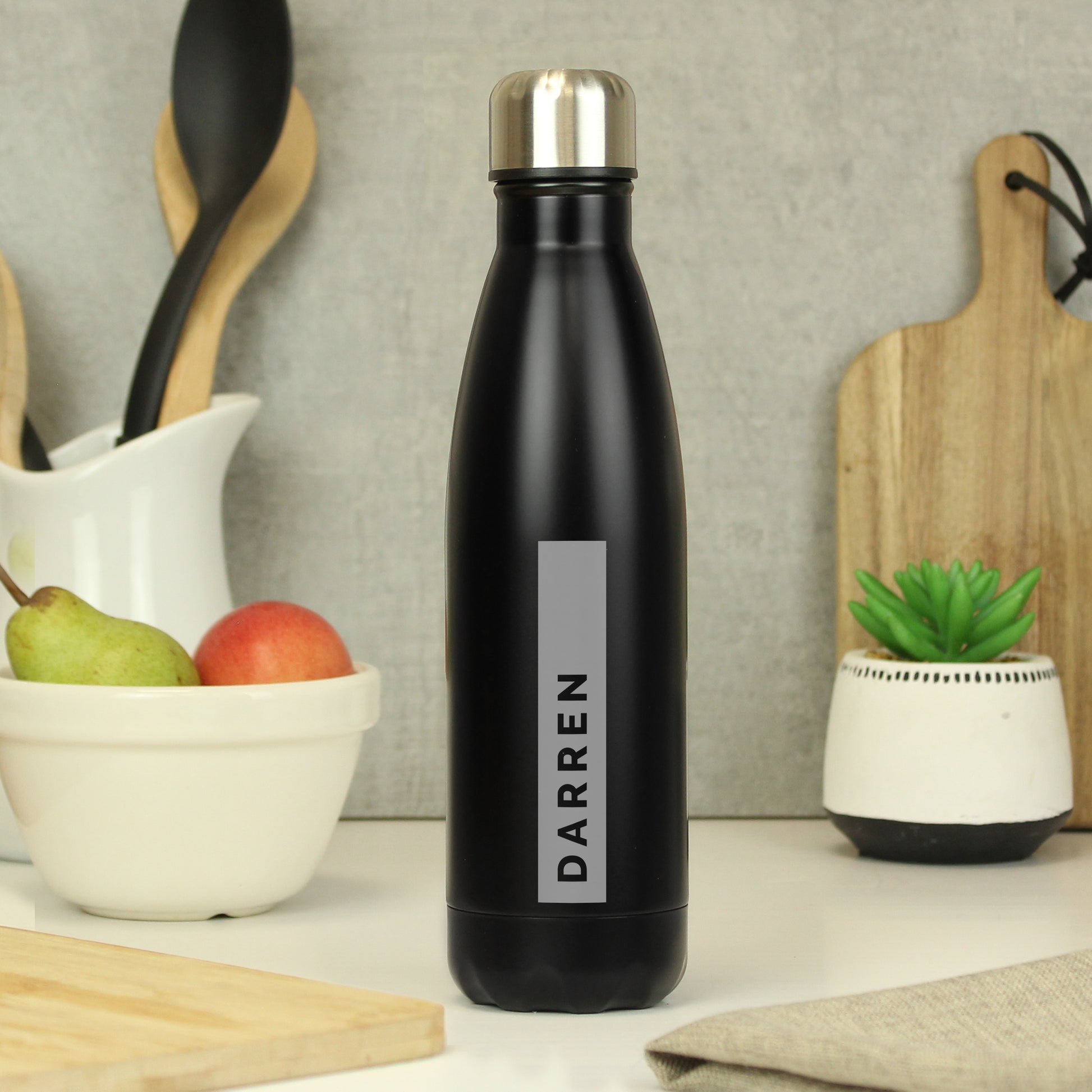 Personalised Rectangle Black Metal Insulated Drinks Bottle - Water Bottle - Inspired Creative Gifts
