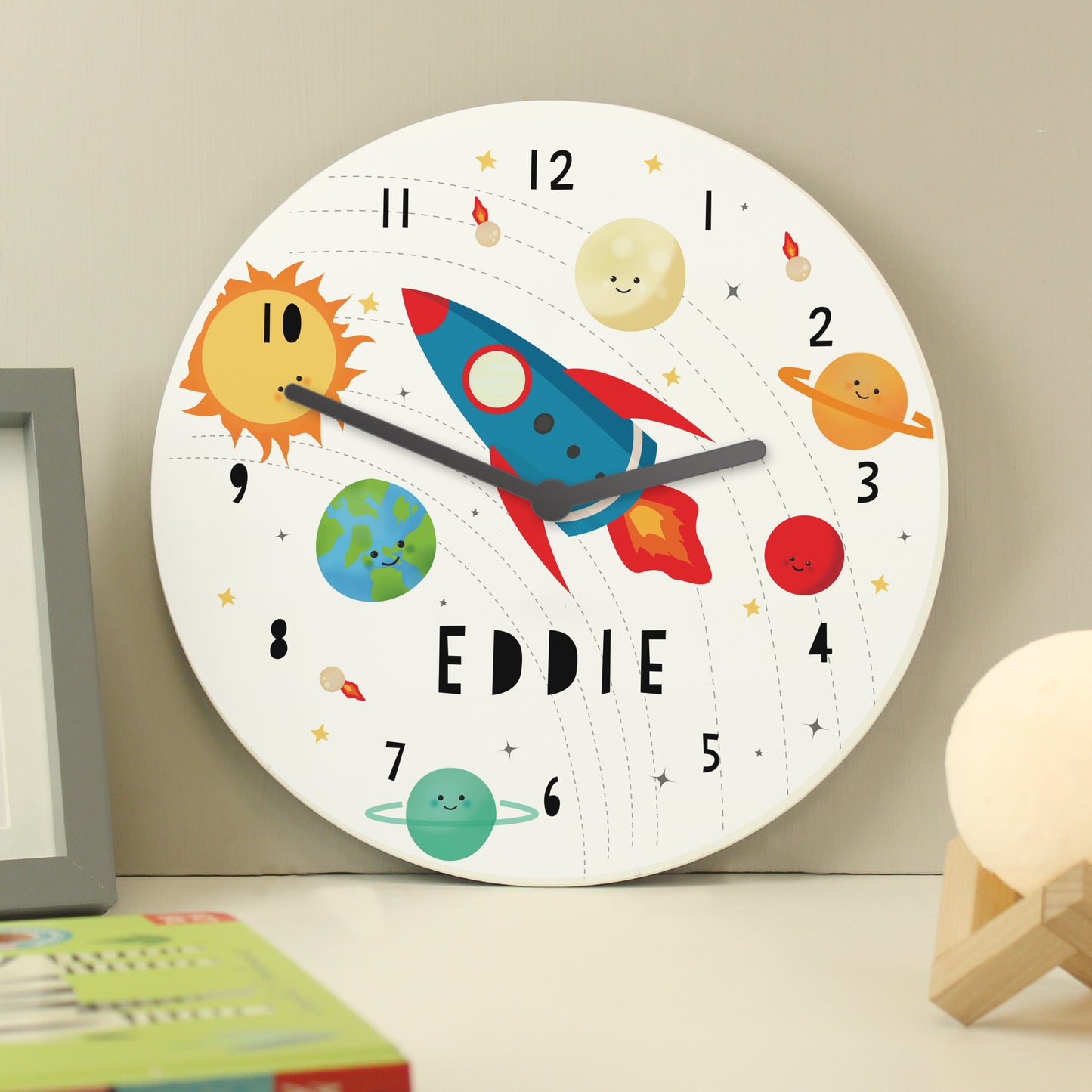 Personalised Rocket in Space Large Wooden Clock - Inspired Creative Gifts