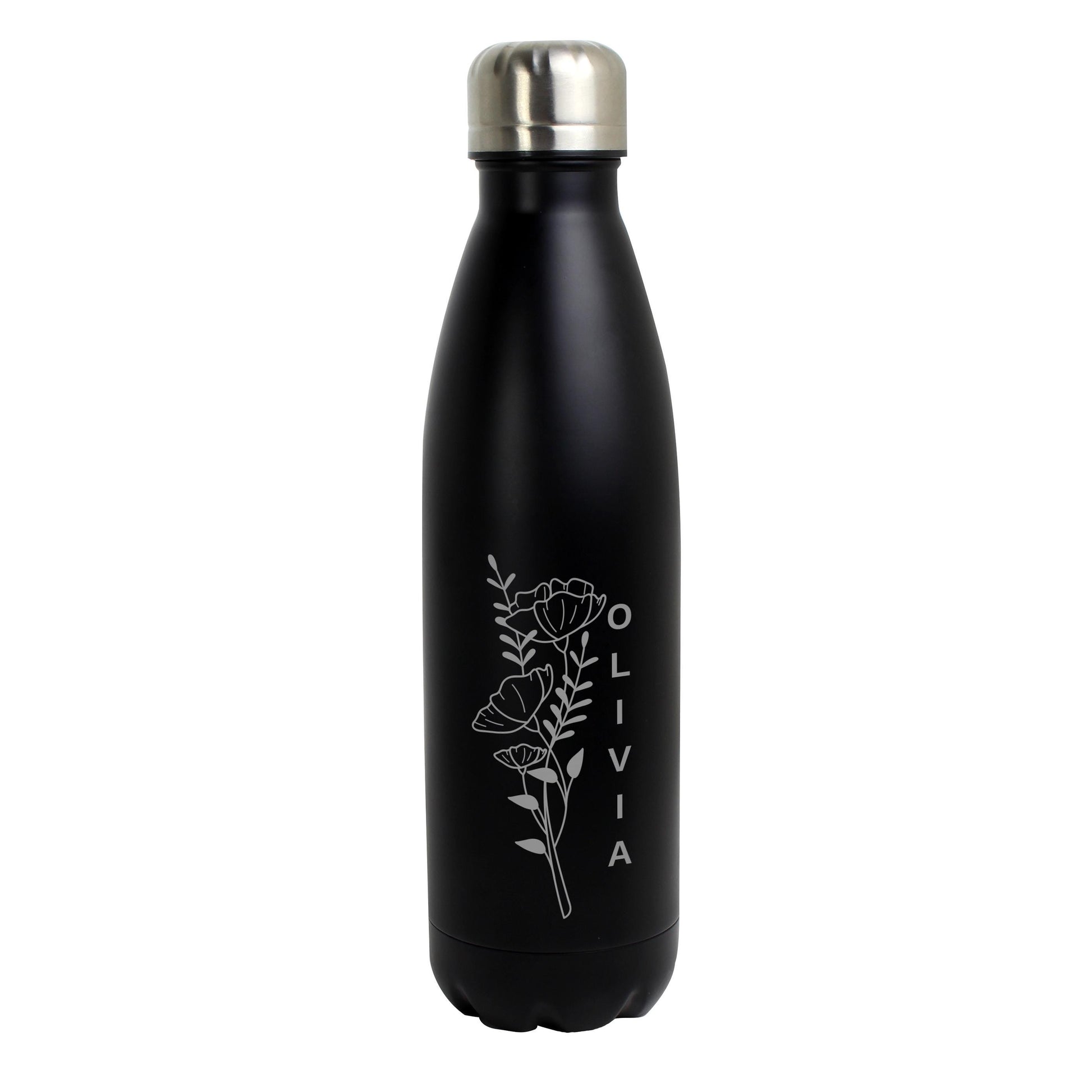 Personalised Floral Black Metal Insulated Drinks Bottle | Birthday Name Bottle | Custom Name - Water Bottle - Inspired Creative Gifts