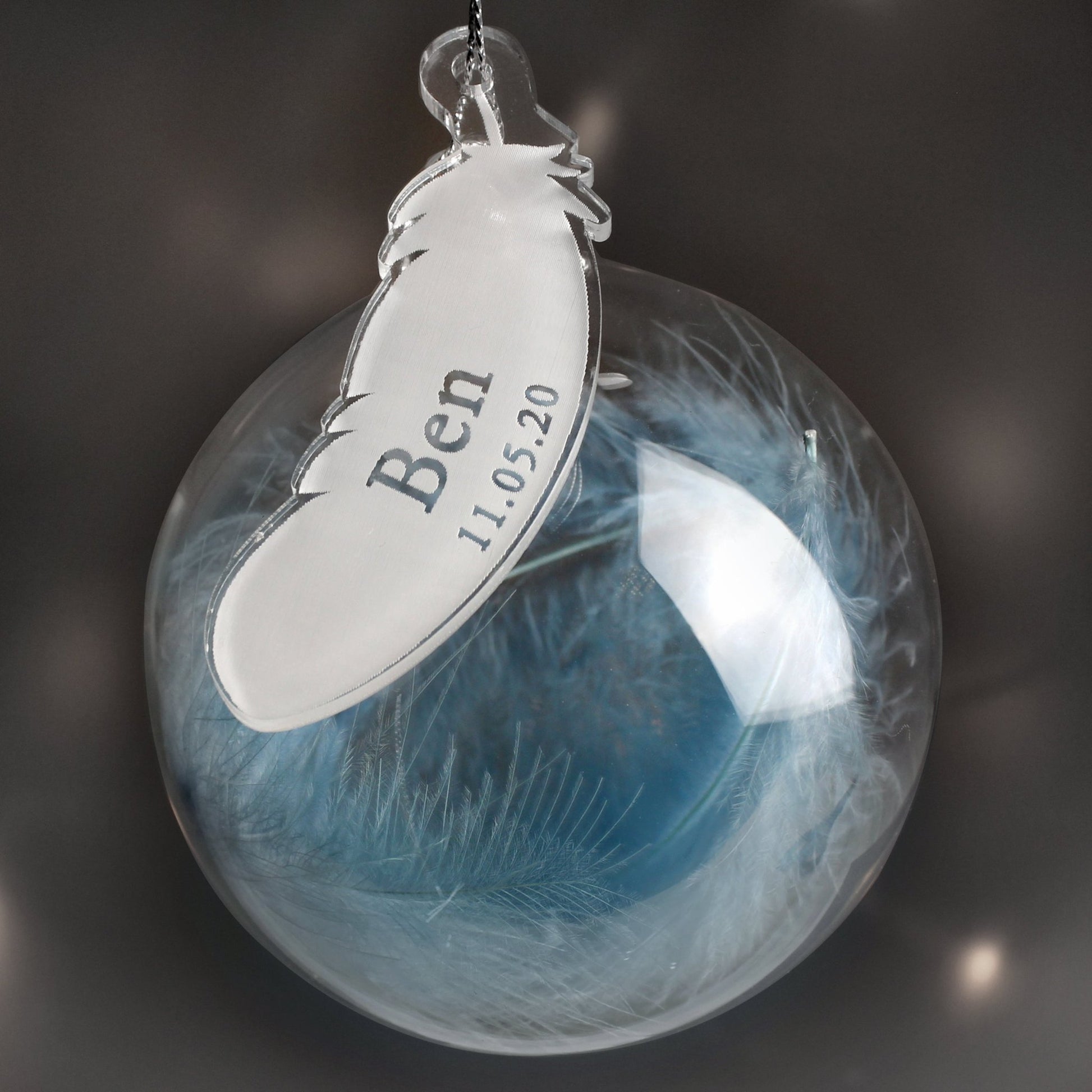 Personalised Name & Date Blue Feather Glass Bauble | Inspired Creative Gifts | UK Supplier
