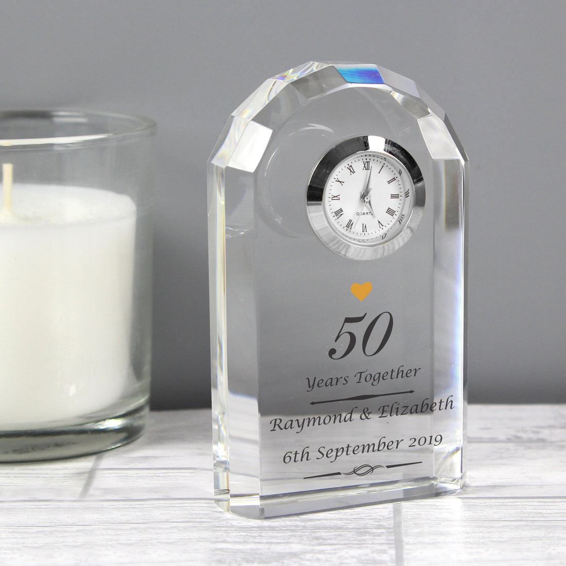 Personalised Golden Anniversary Crystal Clock engraved with two names and a date