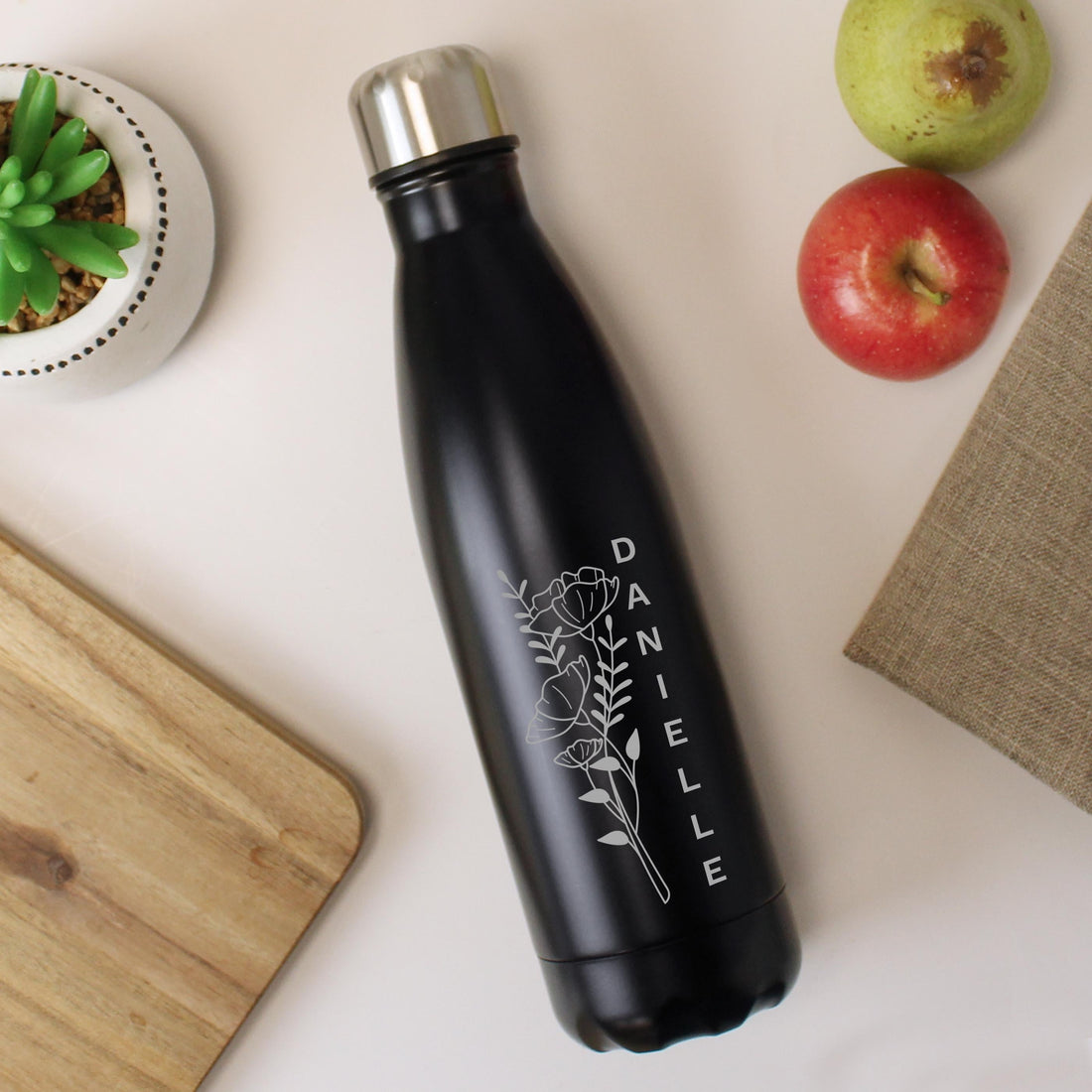 Personalised floral matte black insulated water bottle with a custom name, a Christmas gift for her