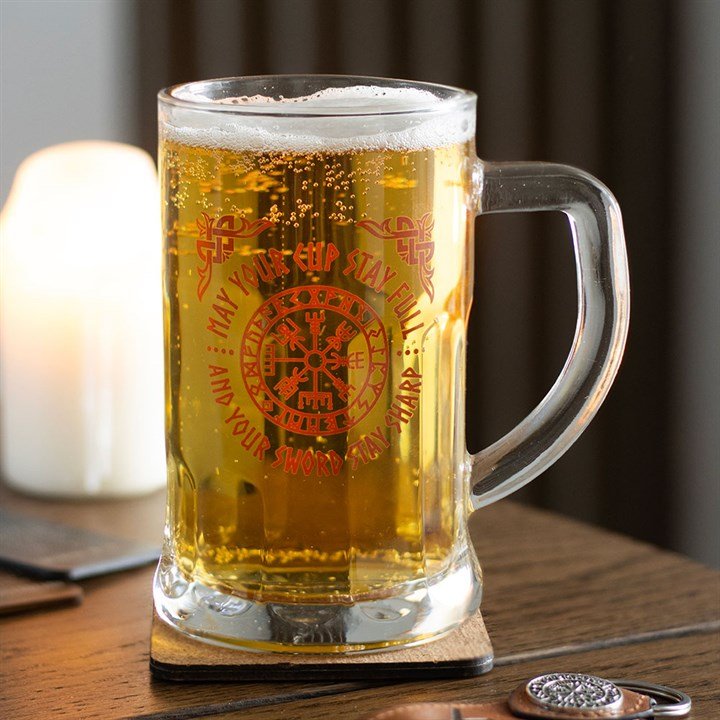 Viking Compass Glass Beer Tankard with Coaster, personalised barware gift