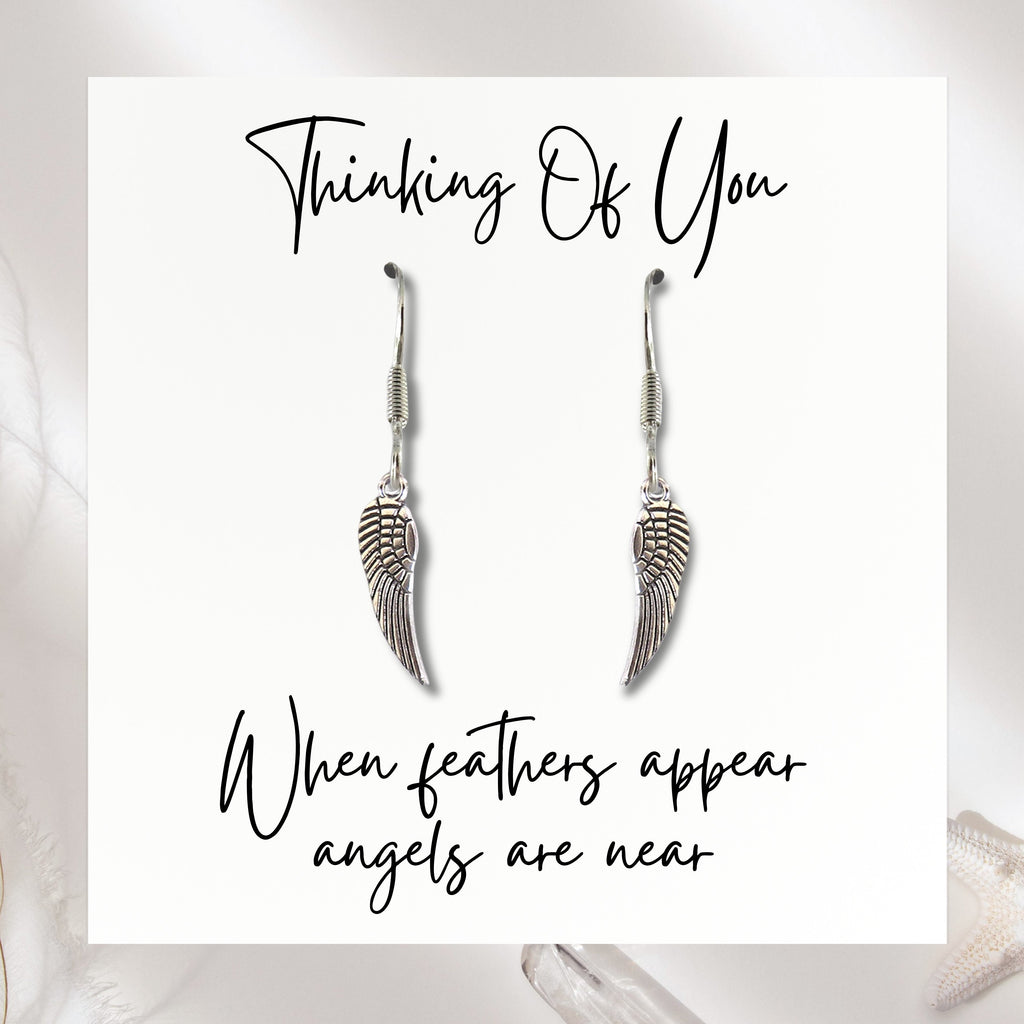 Angel Feather Silver Earrings & Card | When Feathers Appear Angels are Near | Thinking of You | Sympathy Gift | Bereavement gift