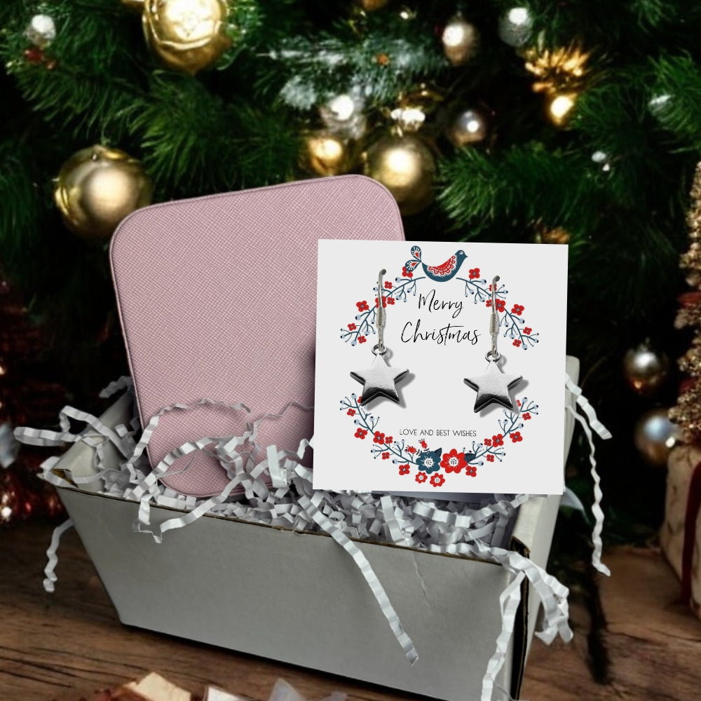 Christmas Star Gift Hamper - Silver Star Drop Earrings & Jewellery Box | Gift for Her