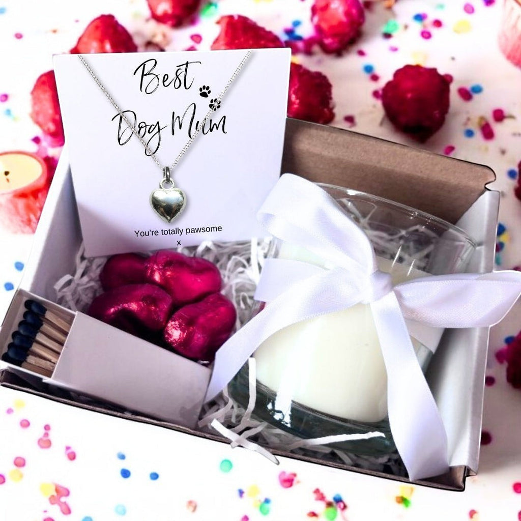 Small Best Dog Mum Gift Hamper Necklace Chocs & Candle for Mother's Day