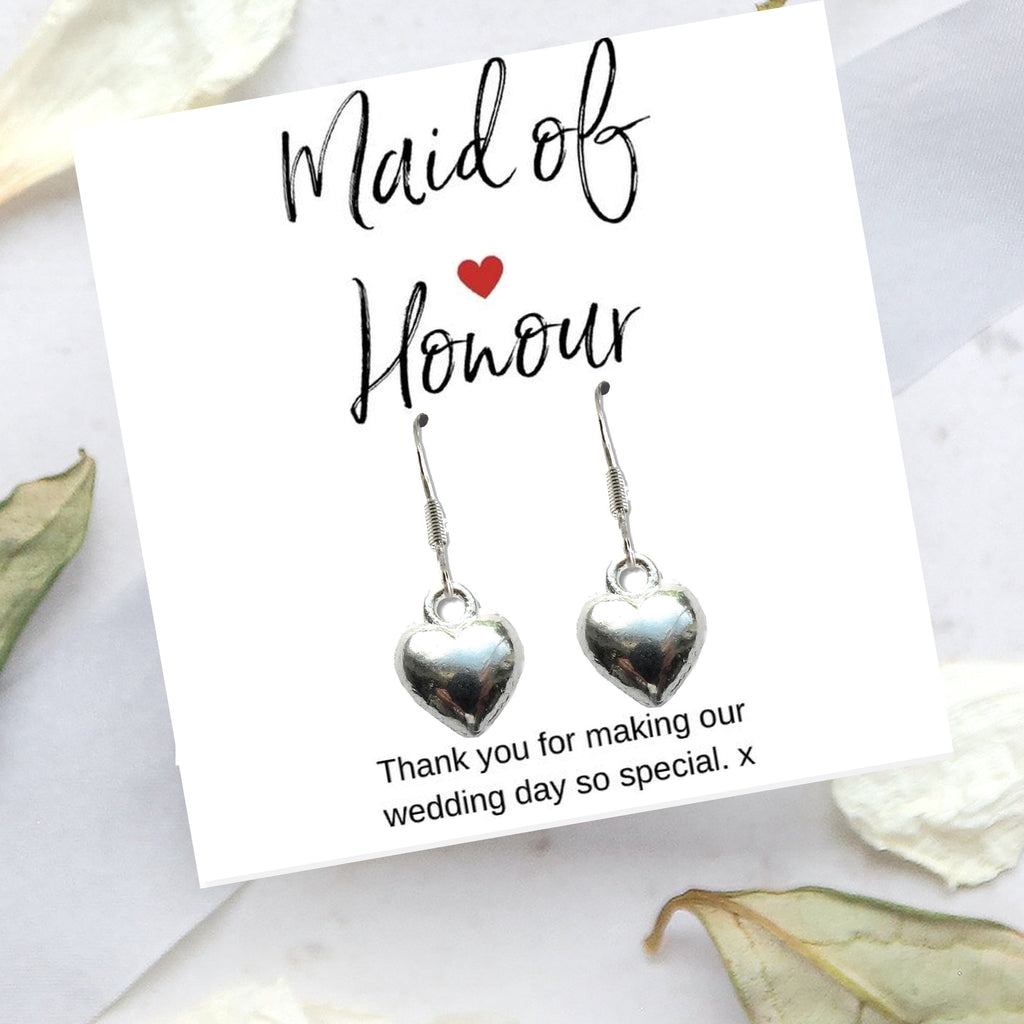 Maid of Honour Heart Earrings & Thank You Gift Card