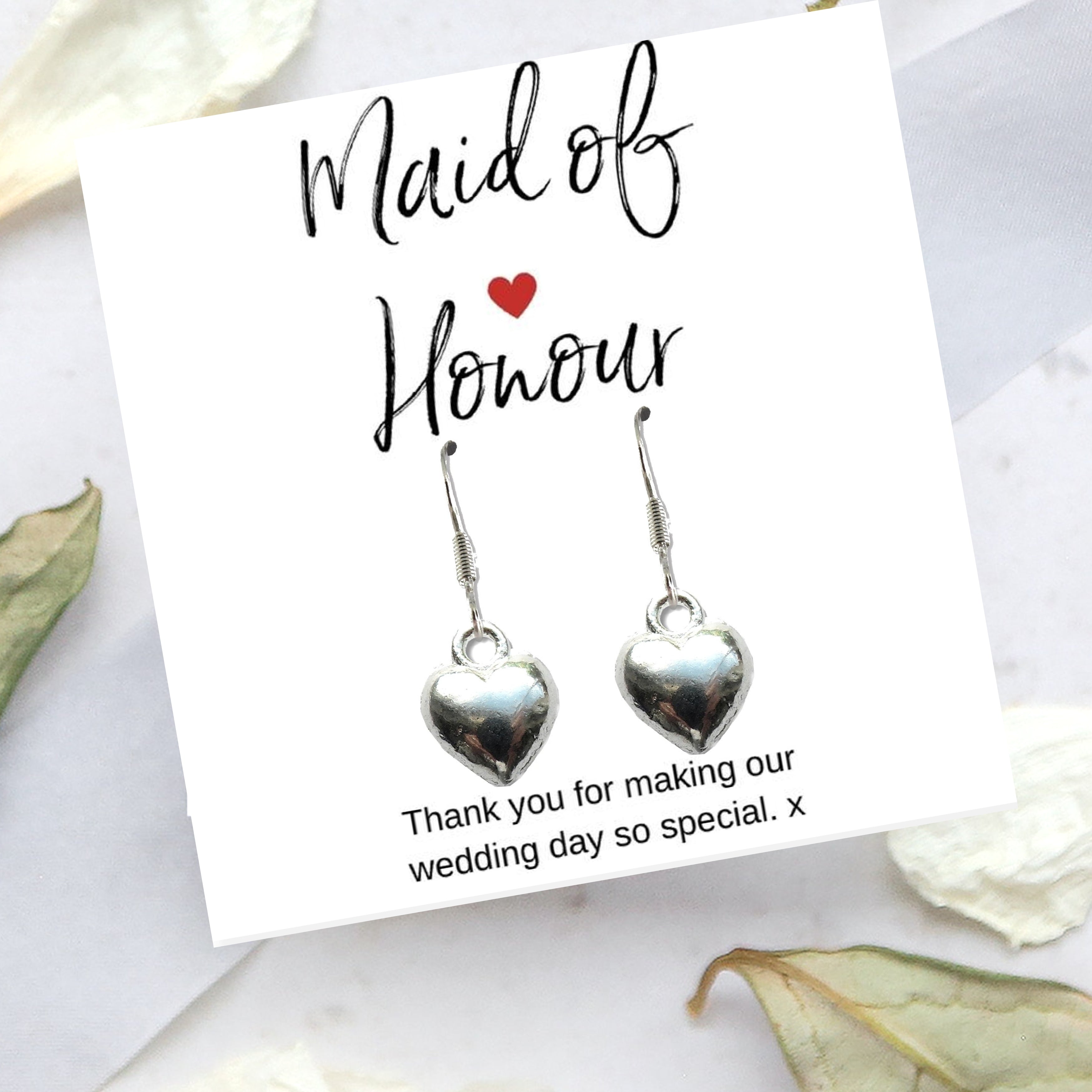 Maid of Honour Heart Earrings & Thank You Gift Card