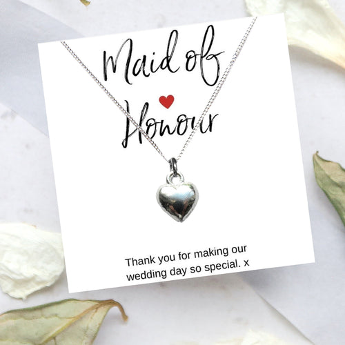 Maid of Honour Heart Necklace & Thank You Gift Card | Woman's Necklace | Inspired Creative Gifts