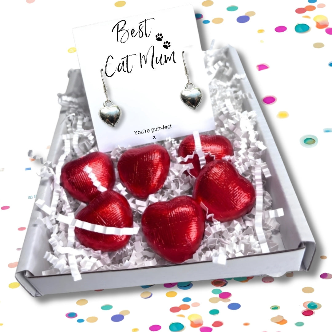 Best Cat Mum Mini Gift Hamper Silver Heart Earrings