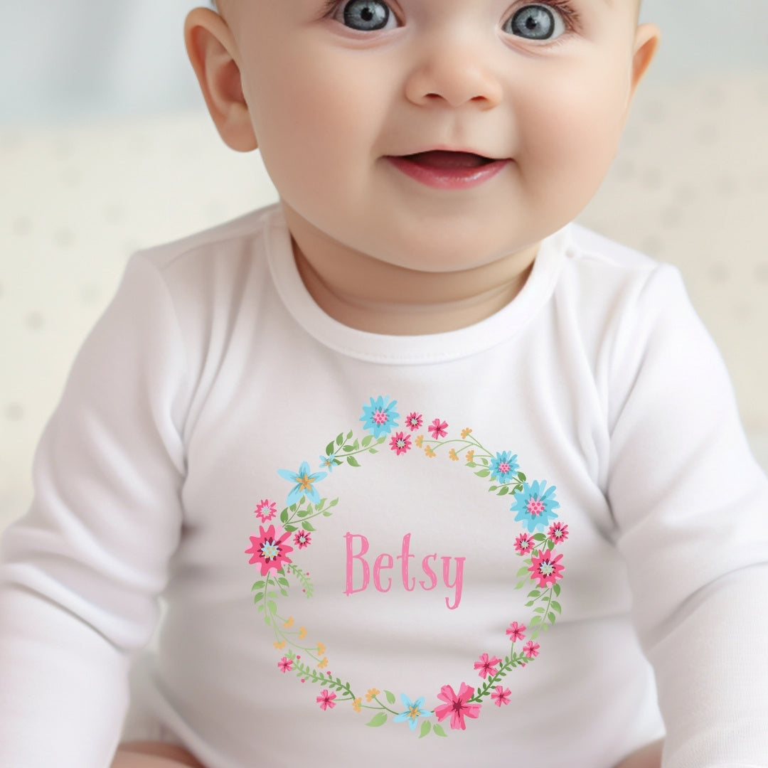 Personalised Pink Floral Baby Outfit: Bib, Vest, Baby Grow