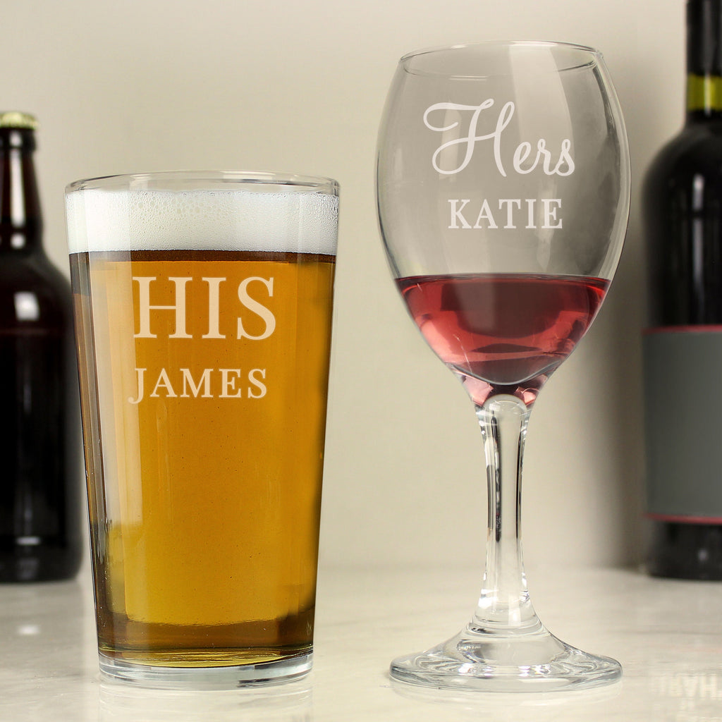 Personalised His & Her Pint and Wine Glass Set - Glass Sets - Inspired Creative Gifts