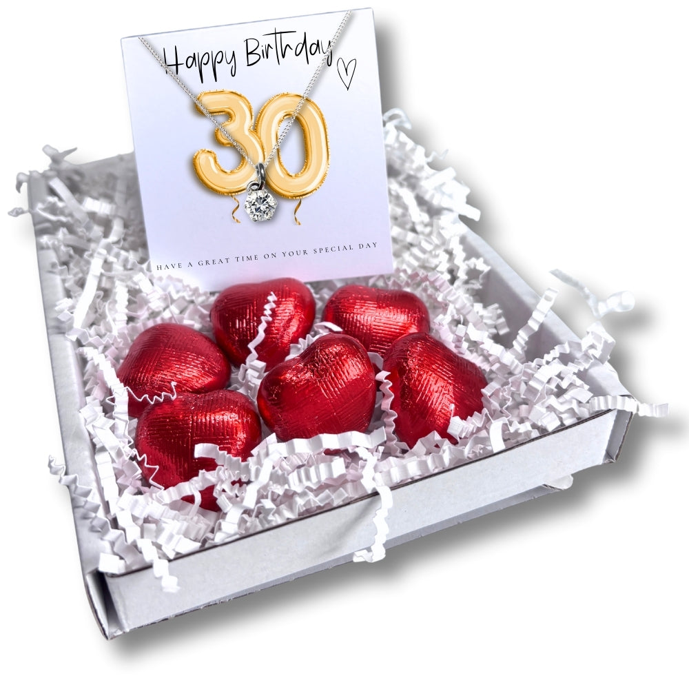 30th Birthday Cubic Zirconia Silver Necklace & Gold Balloons Mini Gift Hamper