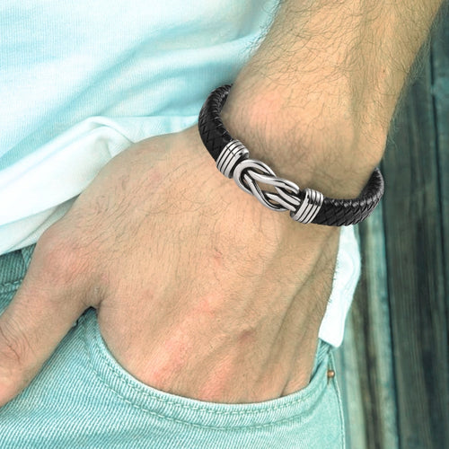 Men's Black Leather Infinity Bracelet