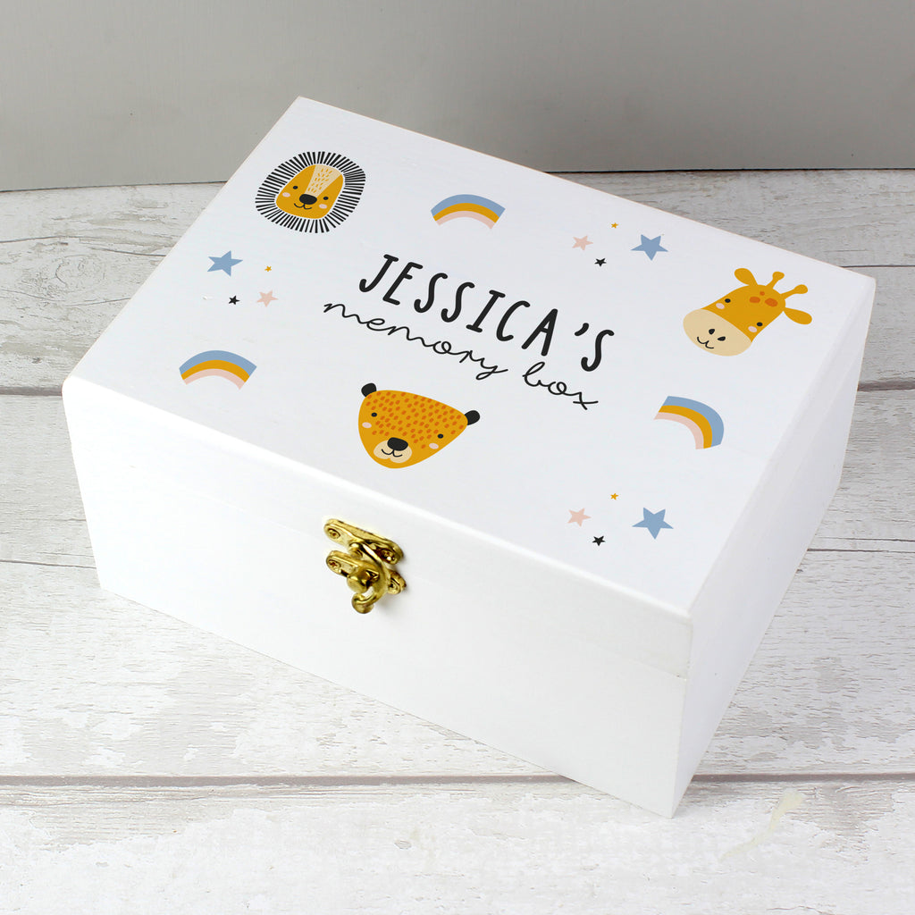Personalised Safari Animal White Wooden Keepsake Box | Storage | New Baby Gift