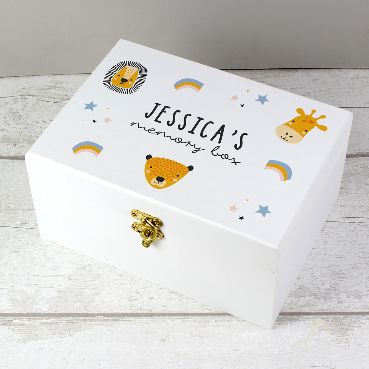 Personalised Safari Animal White Wooden Keepsake Box | Storage | New Baby Gift