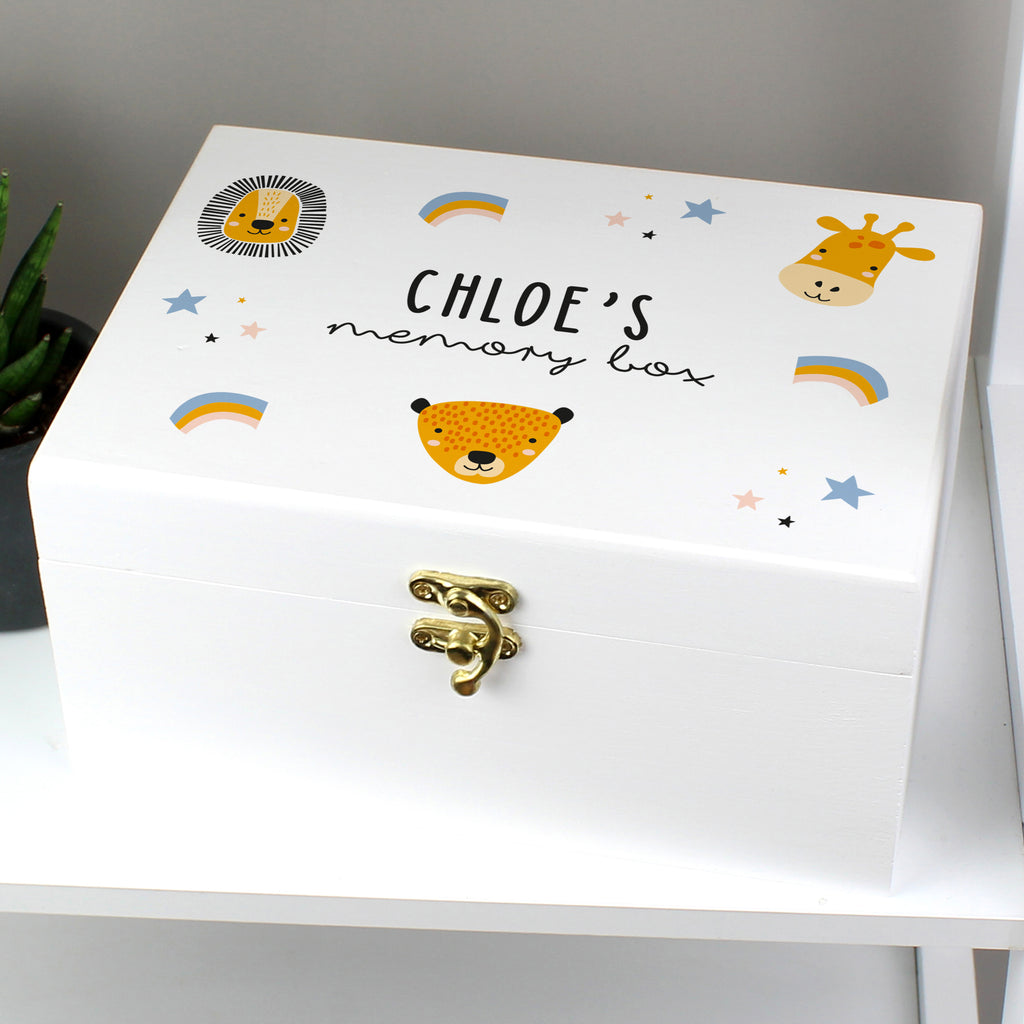 Personalised Safari Animal White Wooden Keepsake Box | Storage | New Baby Gift