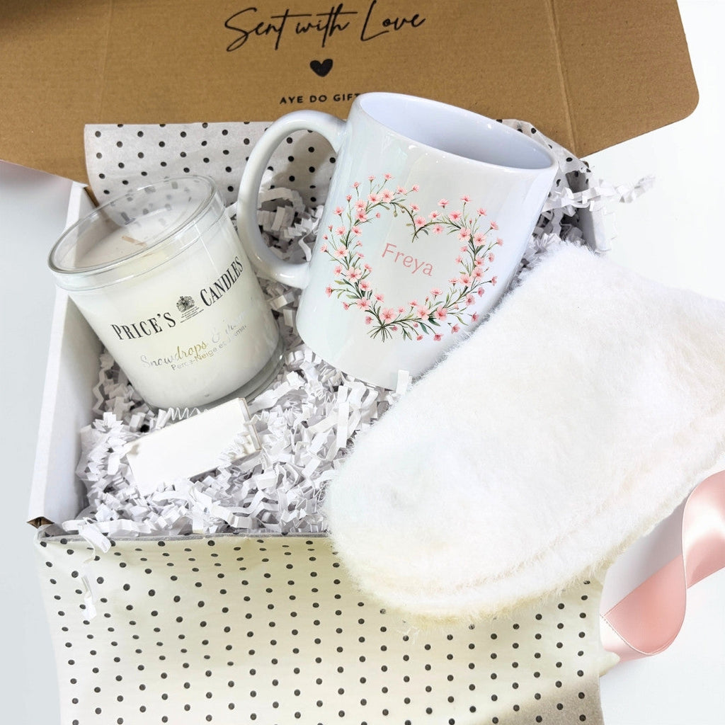 Personalised Pink Flowers Heart Name Mug, Candle & Socks Gift Hamper | Ceramics