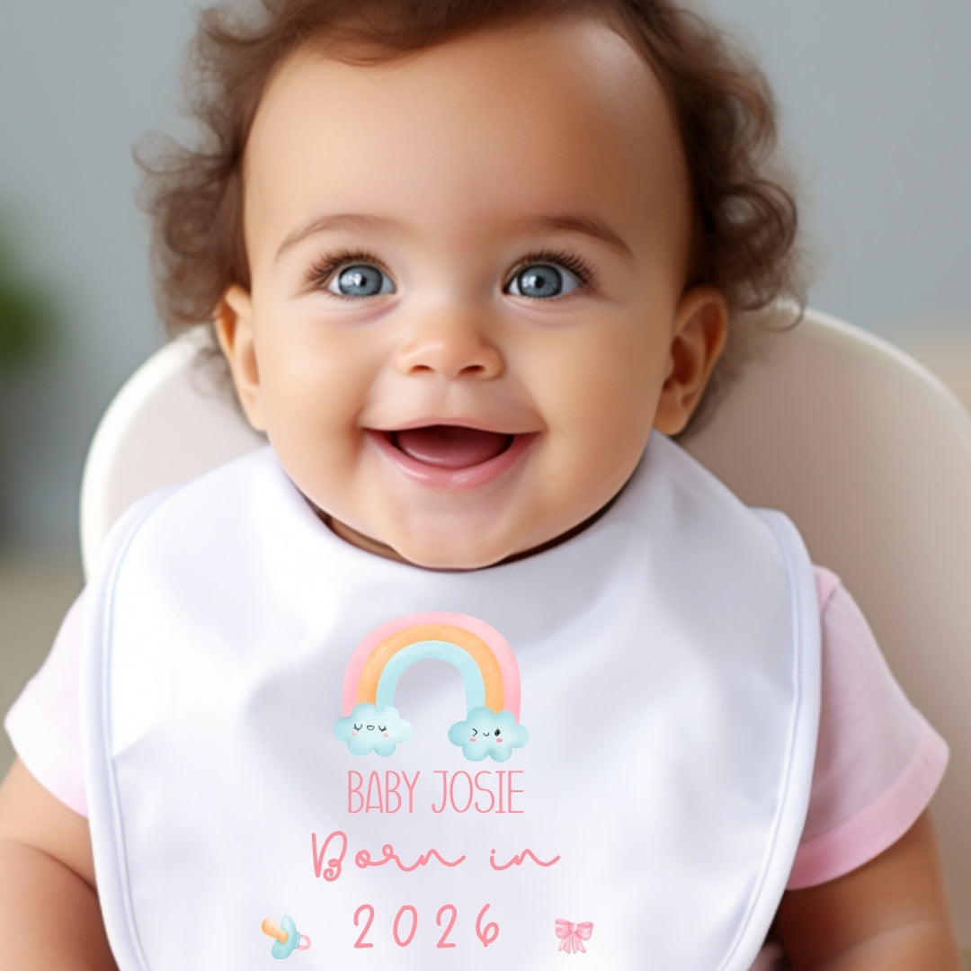 Personalised Born in 2026 Rainbow Outfit: Bib, Vest, Baby Grow for New Baby