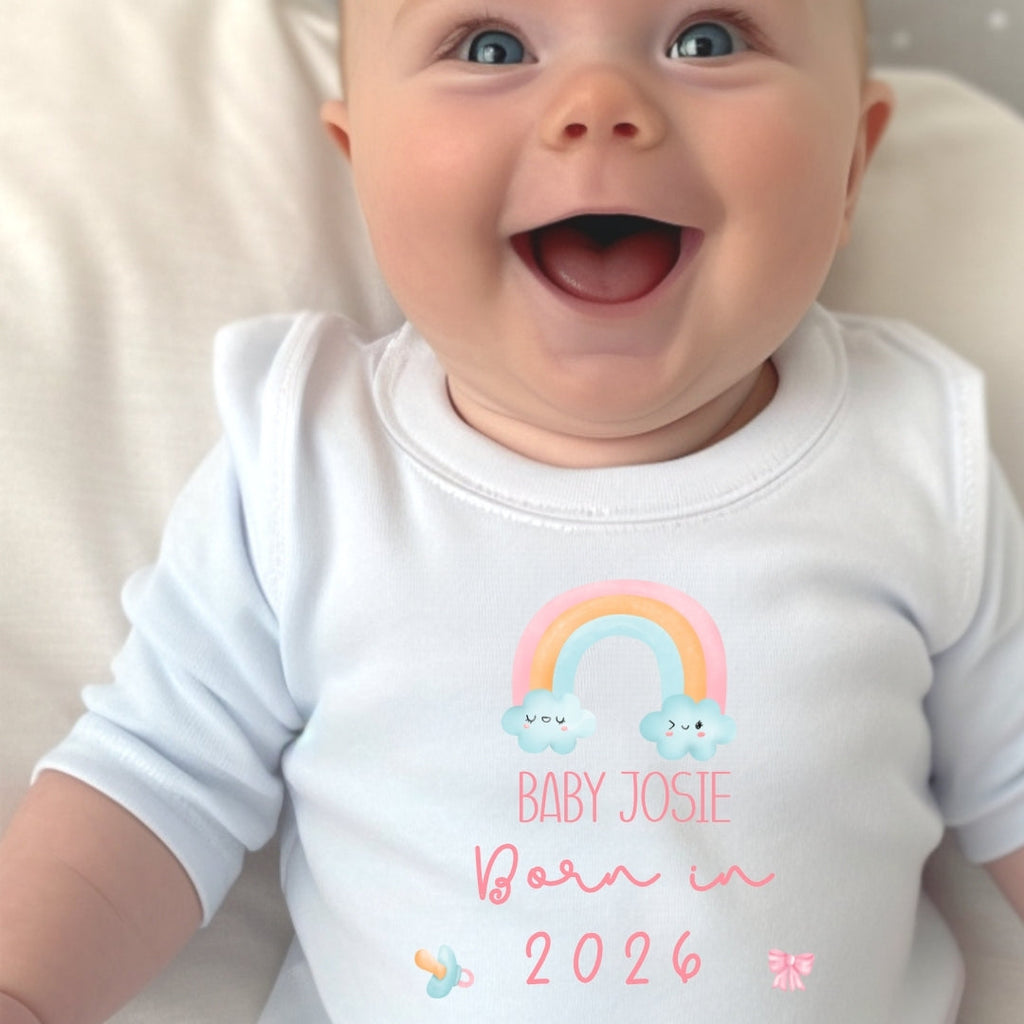 Personalised Born in 2026 Rainbow Outfit: Bib, Vest, Baby Grow for New Baby