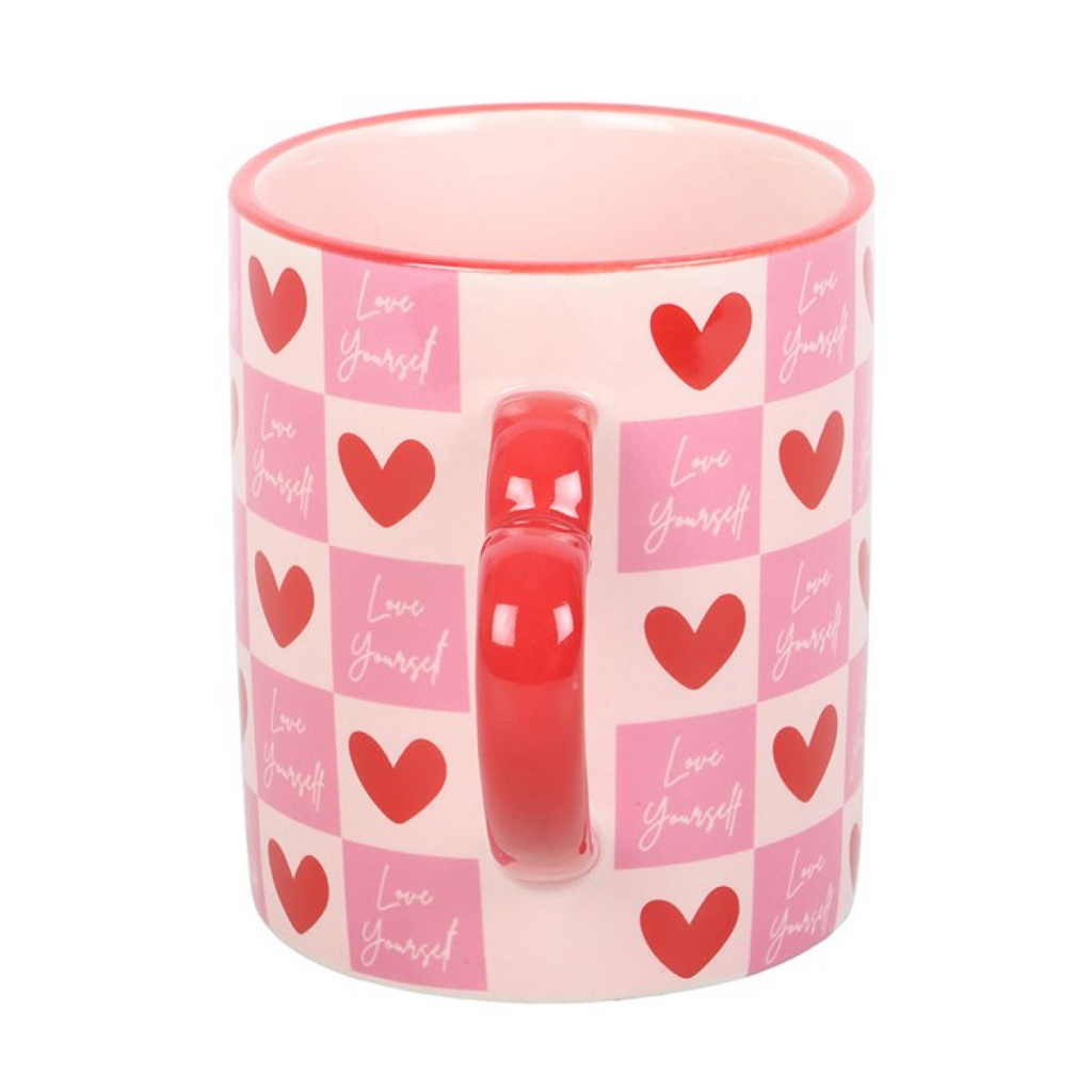 Love Yourself Checkered Mug with Heart Handle