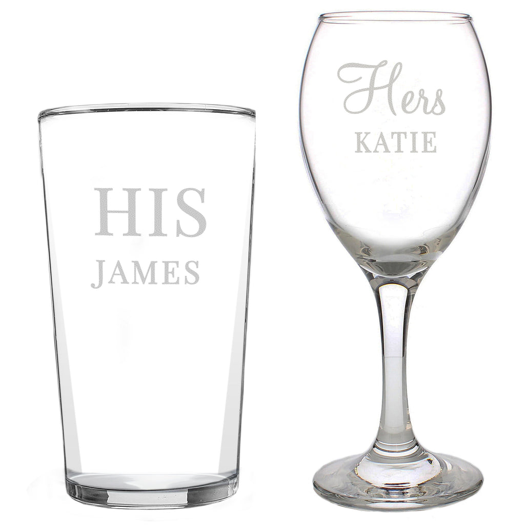 Personalised His & Her Pint and Wine Glass Set - Glass Sets - Inspired Creative Gifts