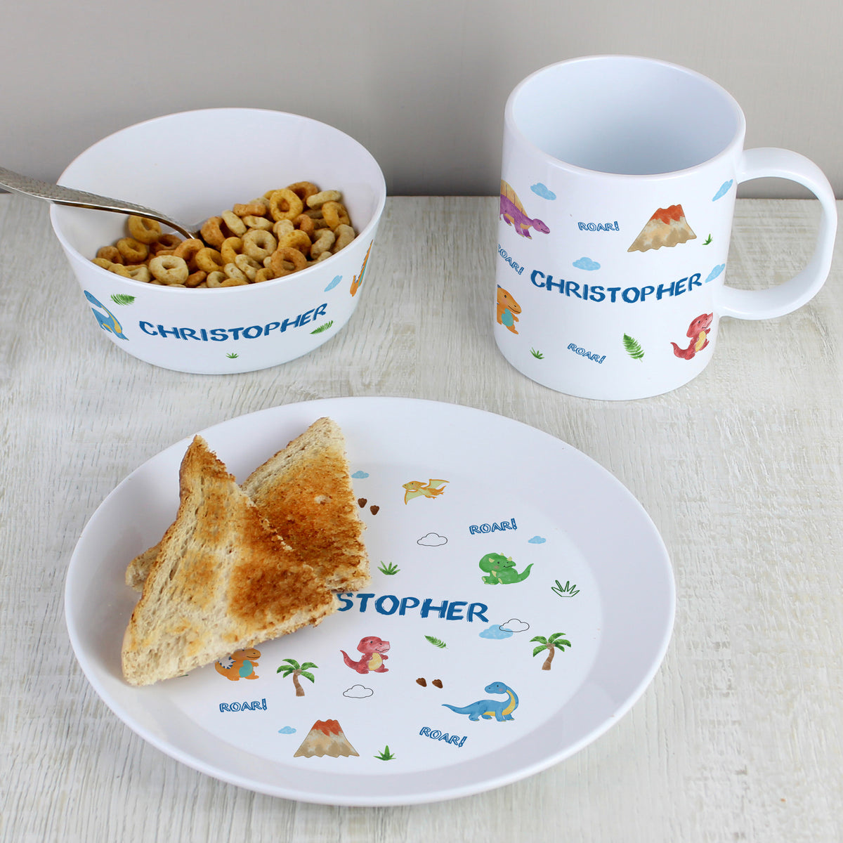 Personalised Dinosaur Plastic Breakfast Set | Mealtime Essentials