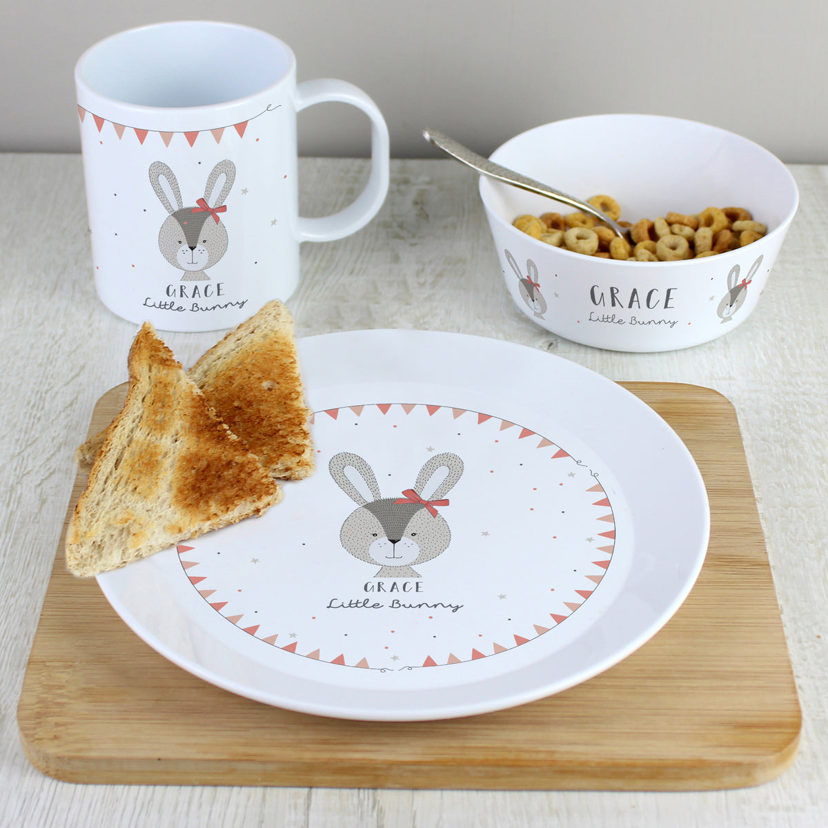 Personalised Little Bunny Pink Plastic Breakfast Set | Mealtime Essentials | Inspired Creative Gifts
