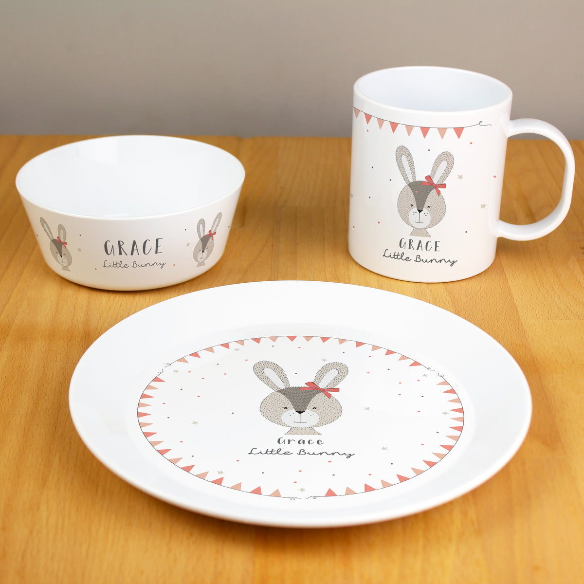 Personalised Little Bunny Pink Plastic Breakfast Set | Mealtime Essentials | Inspired Creative Gifts