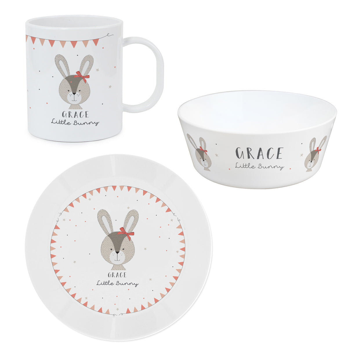 Personalised Little Bunny Pink Plastic Breakfast Set | Mealtime Essentials | Inspired Creative Gifts