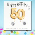 50th Birthday Cubic Zirconia Silver Earrings, Gold Balloons Gift Card