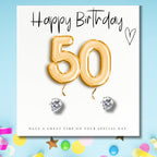 50th Birthday Cubic Zirconia Silver Earrings, Gold Balloons Gift Card
