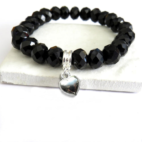 Black Crystal Beaded Heart Charm Bracelet | Womans Bracelet | Inspired Creative Gifts