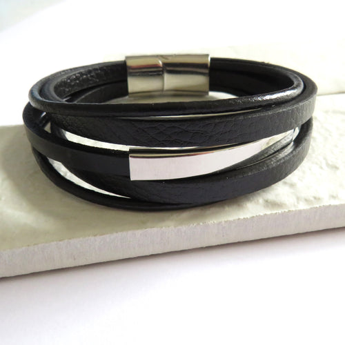 Men's Black Leather Bar Bracelet | Mens Bracelet | Inspired Creative Gifts