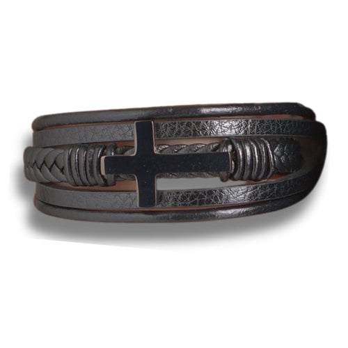 Men's Black Leather Cross Bracelet | Mens Bracelet | Inspired Creative Gifts