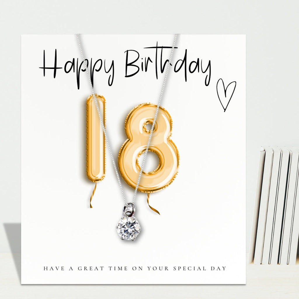 18th Birthday Cubic Zirconia Silver Necklace & Gold Balloons Gift Card