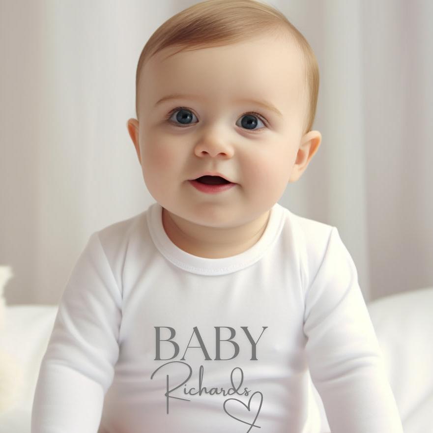 Personalised Surname Heart Baby Outfit: Bib, Vest, Baby Grow