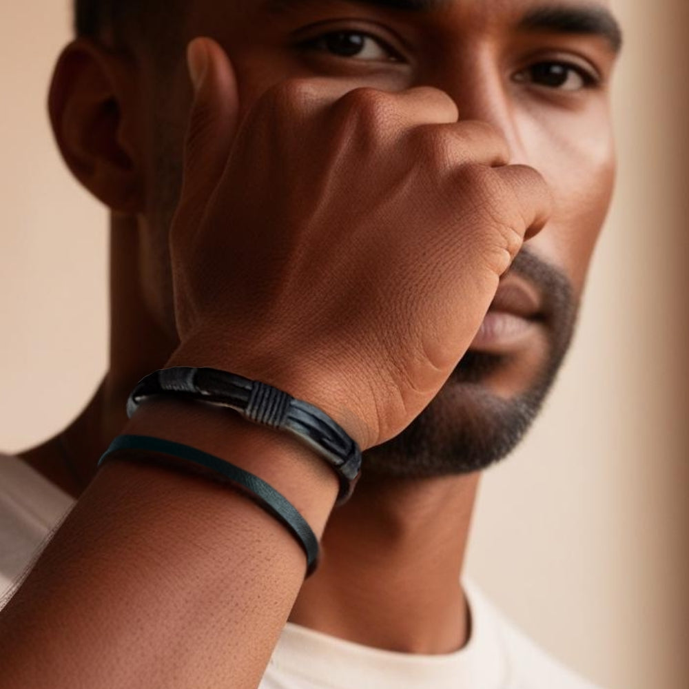 Men's Black Leather Cord Bracelet