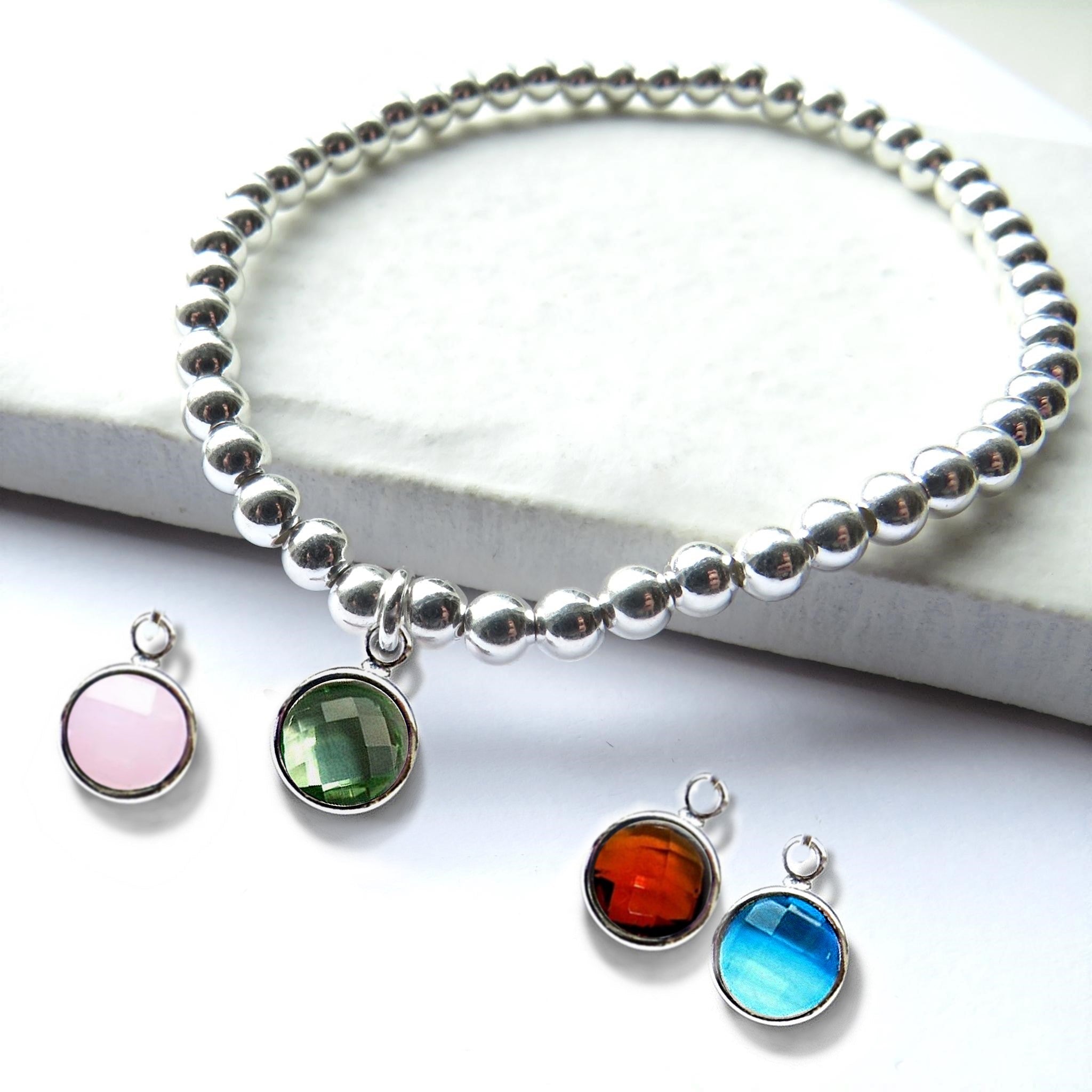Birthstone Silver Beaded Bracelet Birthday Gift