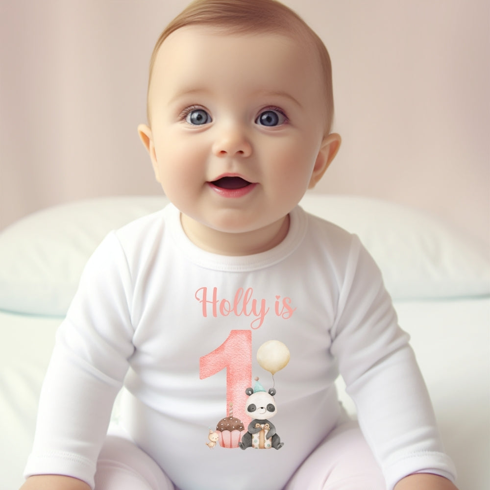 Personalised Girls 1st Birthday Panda Baby Outfit: Bib, Vest, Grow