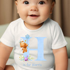 Personalised Blue Initial with Teddy Baby Outfit: Bib, Vest, Grow | Baby Gifts | Inspired Creative Gifts