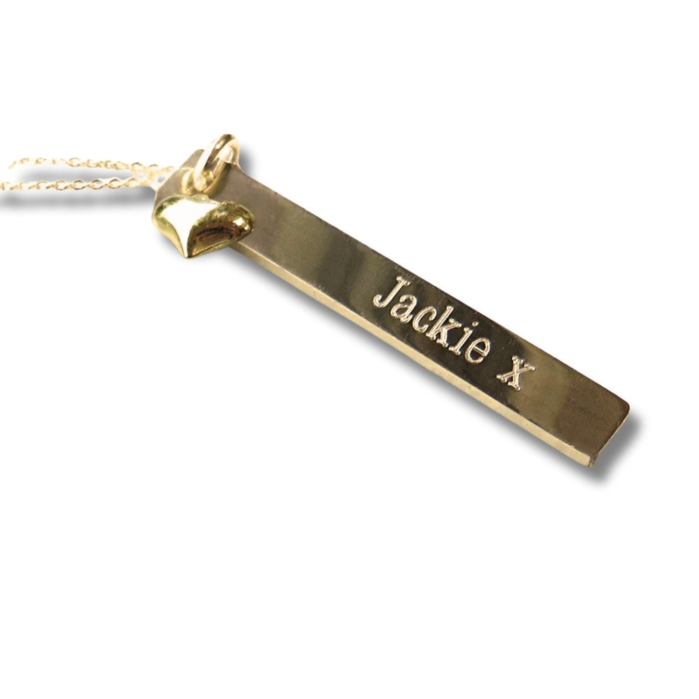 Personalised Gold Thin Bar Necklace &  Mini Heart Charm