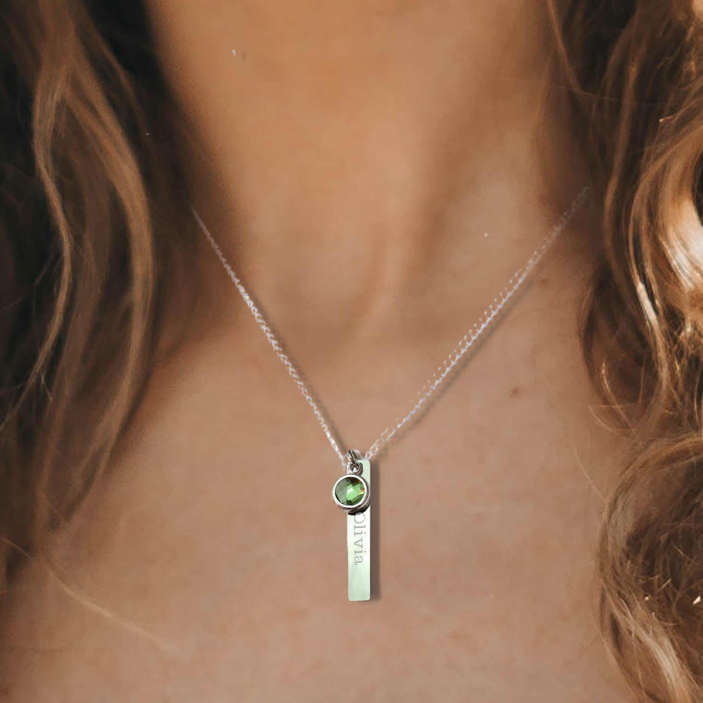 Personalised Thin Bar Necklace & Birthstone Charm Engraved