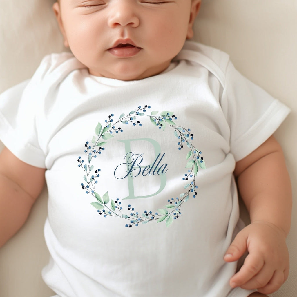 Personalised Blue Flower Baby Outfit: Bib, Vest, Grow