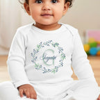 Personalised Blue Flower Baby Outfit: Bib, Vest, Grow