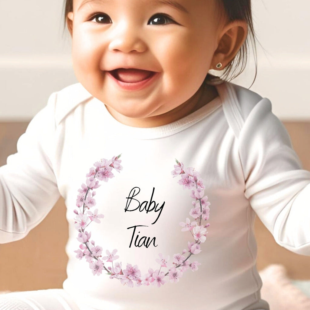 Personalised Pink Blossom Baby Outfit: Bib, Vest, Baby Grow | New Baby Gift
