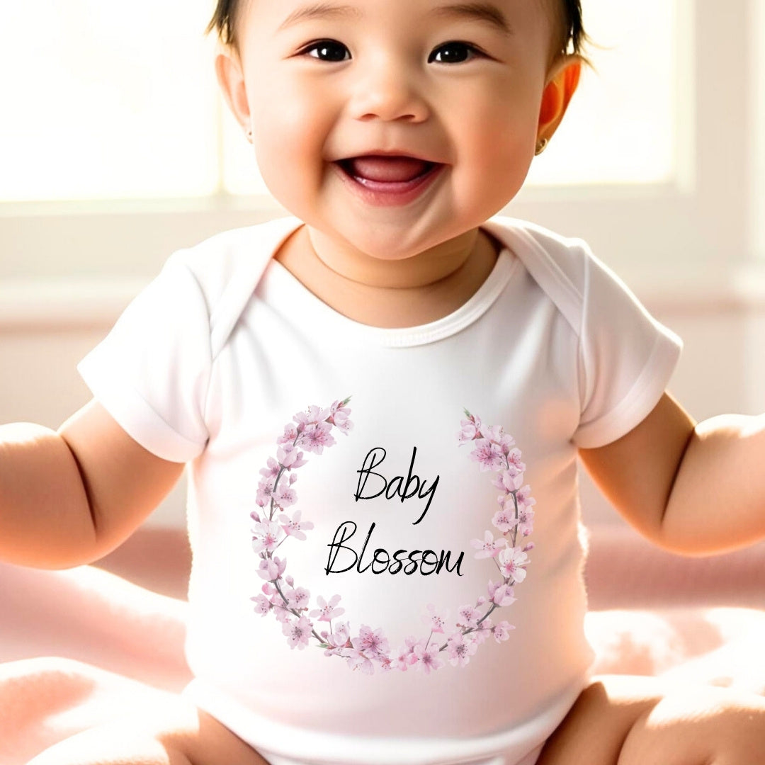 Personalised Pink Blossom Baby Outfit: Bib, Vest, Baby Grow | New Baby Gift